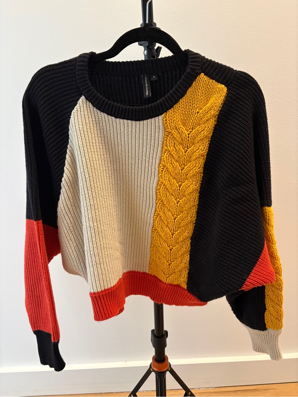 Colorblock Crop Cable-Knit Crewneck Sweater in Navy, Cream, Orange & Mustard